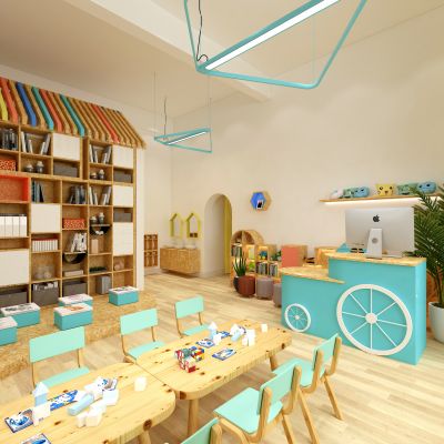 现代幼儿园教室，课桌椅