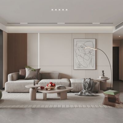 现代侘寂奶油风客厅餐厅 沙发 餐桌 电视柜 酒柜 吊灯 装饰画