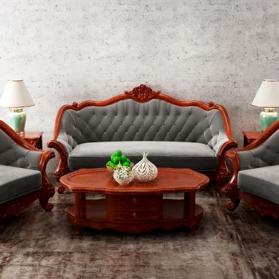 美式实木皮革沙发组合