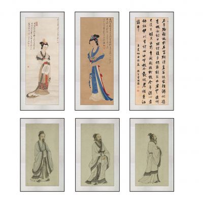 中式水墨画装饰画，人物丹青毛笔字画组合