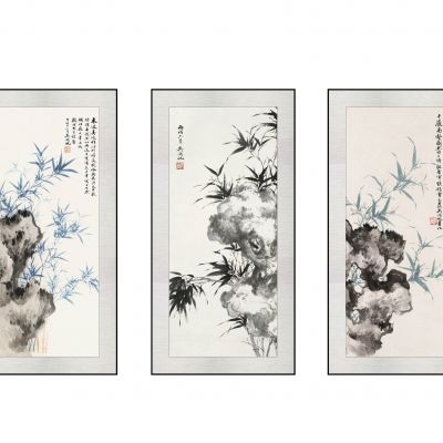 中式水墨画装饰画，竹子组合挂画  