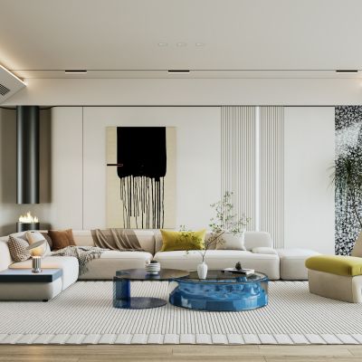 现代客厅|布艺转角沙发|多人沙发|布艺单椅|玻璃茶几|摆件|壁炉|创意墙饰