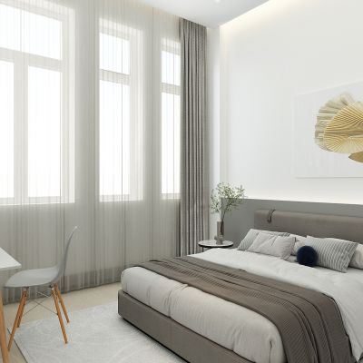 现代卧室，宿舍，标间，大床房，酒店客房间，双人床，写字台，书桌