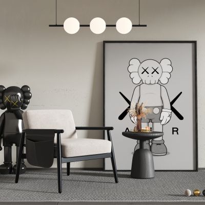 现代单人沙发,休闲椅,边几,挂画,地毯,吊灯,KAWS公仔