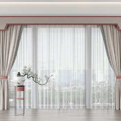 新中式浅灰布艺窗帘纱帘