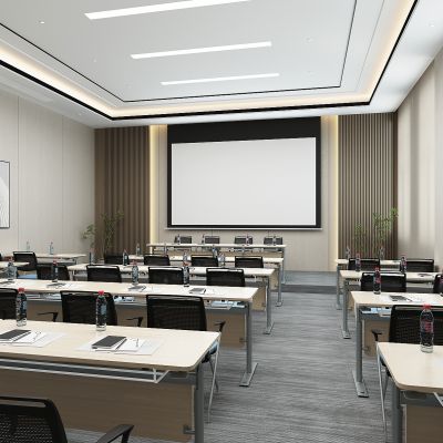 现代会议室，接待厅，报告厅，会议厅，长条折叠会议室桌椅，投影仪造型背景墙3D模型