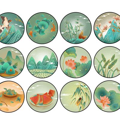 新中式清新典雅水墨装饰画  节气组合挂画 燕子 西瓜 荷花