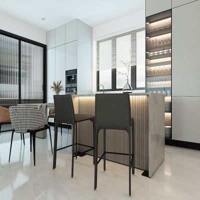 现代轻奢别墅餐厅，中岛台餐桌，窗边岛台酒柜，储物柜，厨房长虹玻璃推拉门