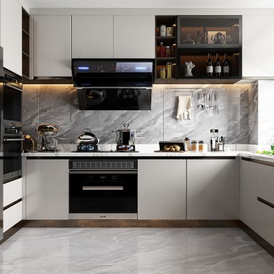 现代轻奢厨房，U形橱柜，吊柜地柜，双开门冰箱，厨具，灶具，消毒柜，洗菜盆