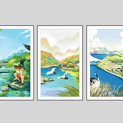 现代儿童卡通装饰画,荷叶 鹤  少年夏天