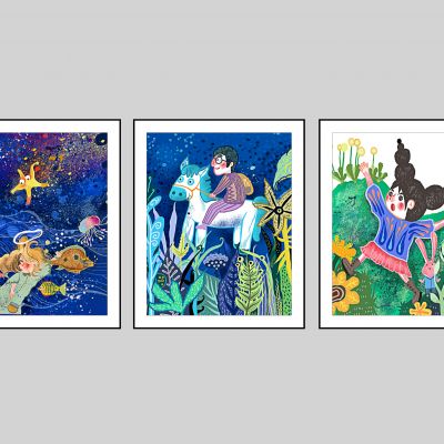 现代儿童卡通可爱装饰画,蓝色 海洋 女孩 小马