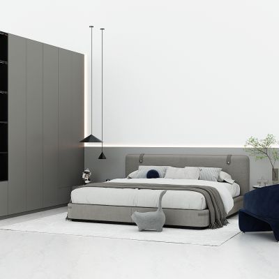 现代卧室双人床，床头，灰色系卧室衣柜，主卧，次卧