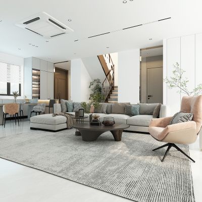 现代轻奢别墅客餐厅，U形楼梯，中岛台餐桌，窗边岛台酒柜，沙发茶几，室内门