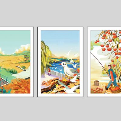 现代儿童卡通简洁装饰画，夏天 鸽子 柿子 鹤