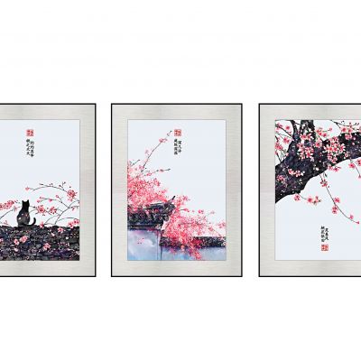 新中式典雅禅意水墨装饰画,春天 桃花 猫