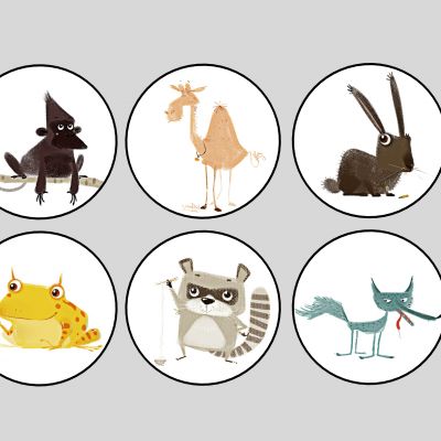 现代儿童卡通简洁可爱组合装饰画 猴子 兔子，骆驼，青蛙，狐狸，浣熊