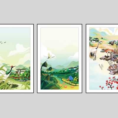 现代儿童卡通装饰画，鹤 莲蓬 荷叶