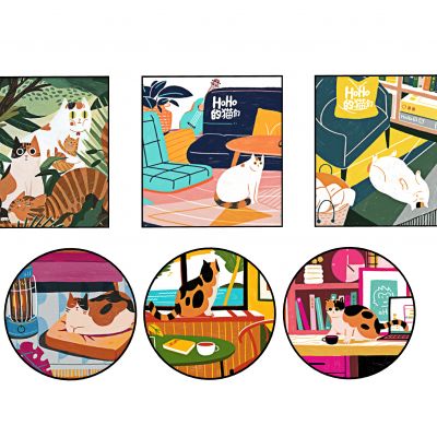 现代卡通儿童装饰画,INS可爱猫咪组合挂画