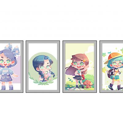 现代儿童卡通装饰画,可爱女孩组合挂画