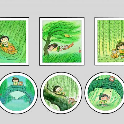 现代卡通儿童清新装饰画, 春天绿意女孩柳树组合挂画
