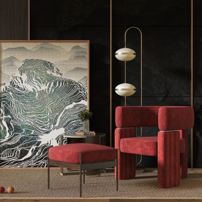 现代单人沙发,休闲椅,边几,挂画,地毯,落地灯