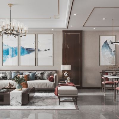 新中式，客厅餐厅，茶室，书房，沙发，餐桌 ，电视柜 ，酒柜，吊灯，装饰画