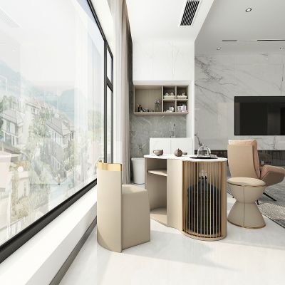 现代轻奢别墅客厅阳台，小茶桌，休闲茶桌，阳台拖布池，墩布池柜