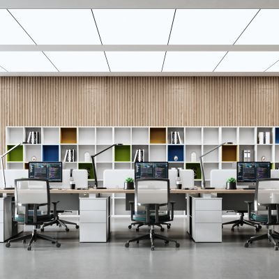 现代公共办公区|办公桌|靠背转椅|台灯|开放式书柜|书籍摆件|电脑