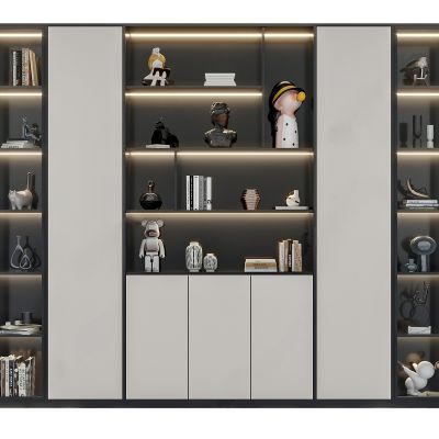 现代书柜_实木书柜_玻璃柜门_书籍书刊_金属摆件