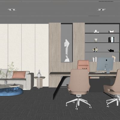 现代总经理办公室|办公桌|靠背单椅|水生绿植|装饰架|布艺沙发