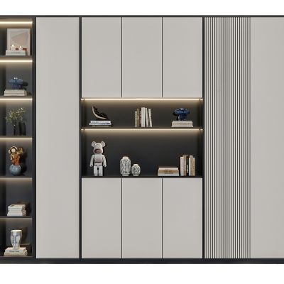 现代书柜_实木书柜_玻璃柜门_书籍书刊_金属摆件