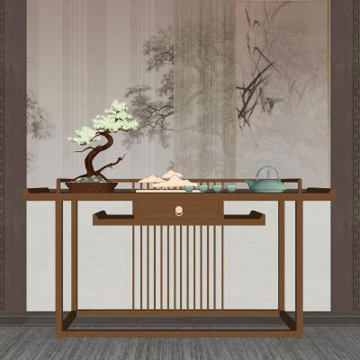新中式端景台|实木端景台|茶壶茶碗|松树盆栽|中式摆件