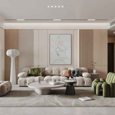 侘寂，现代，奶油风，客厅餐厅，沙发，餐桌 ，电视柜 ，酒柜，吊灯，装饰画