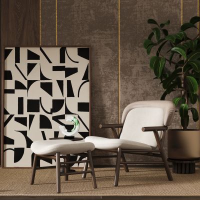 现代休闲椅,单人沙发,边几,挂画,地毯,绿植