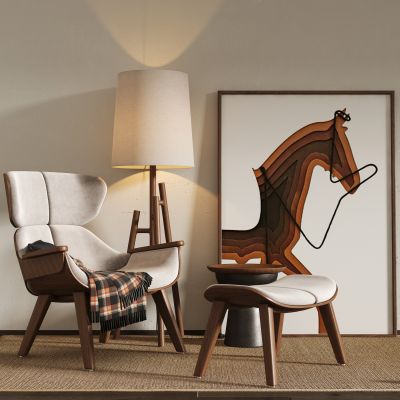 现代休闲椅,单人沙发,边几,挂画,地毯,落地灯