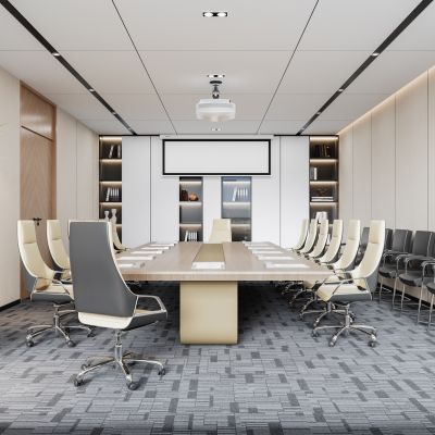 现代会议室|会议桌|会议椅|可移动单椅|玻璃边柜|绿植盆栽