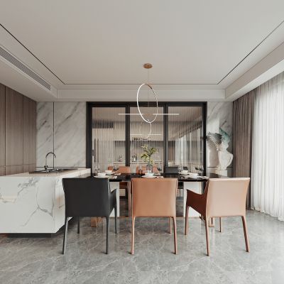 现代餐厅  吊灯  餐桌椅  装饰柜  厨房