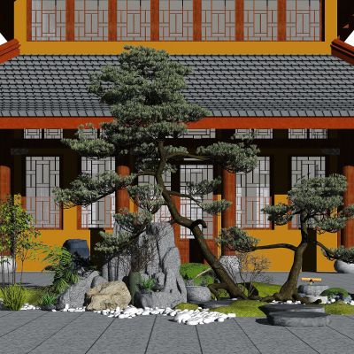 新中式庭院小品 假山石頭 枯山水庭院景觀 松樹 室外植物 禪意景觀3D模型