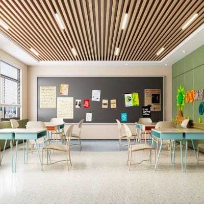 现代教室|儿童桌|靠背儿童椅|黑板|装饰墙饰|