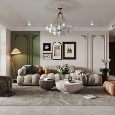 现代，法式，奶油风，客厅餐厅，沙发，餐桌 ，电视柜 ，酒柜，吊灯，装饰画