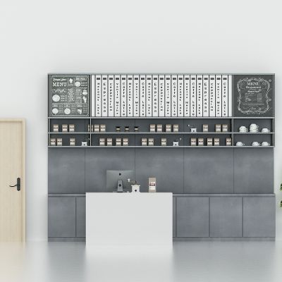 现代前台储物柜，展示柜，吧台柜，茶水间茶水柜，室内平开门，盆栽