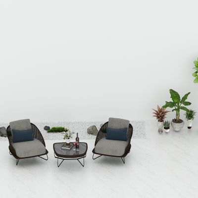 现代室外露台，阳台休闲桌椅，休闲小茶桌，茶几，藤椅，绿植盆栽，鹅卵石子