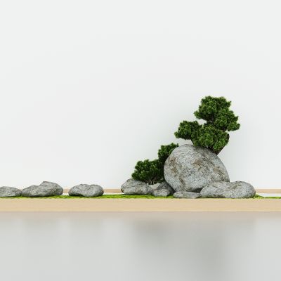 现代景观小品，进门玄关端景台，端景池，景观石，石头，迎客松景观