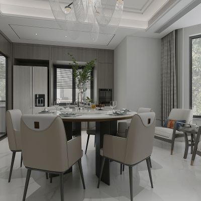 现代轻奢别墅餐厅，餐桌，厨房推拉门，餐边柜，窗边柜，双开门冰箱，茶桌椅