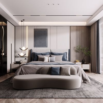 现代卧室，卧室，主卧，衣柜，床