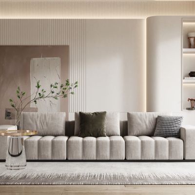 现代灰色布艺多人沙发