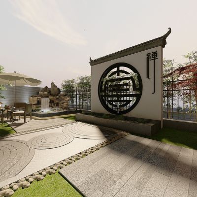 现代室外别墅露台景观花园，园艺小品，喷泉假山景观，玄关背景，树木，护栏