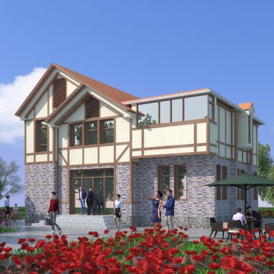 新中式别墅建筑，玫瑰花海花丛，独栋别墅，庭院，公共建筑，住宅建筑，景观小品