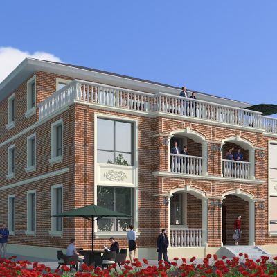 近代欧式别墅建筑，简欧别墅建筑，玫瑰花海花丛，独栋别墅，红砖洋楼，庭院，公共建筑，住宅建筑，景观小品