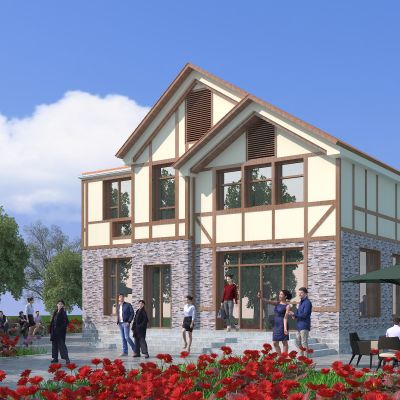 新中式别墅建筑，玫瑰花海花丛，独栋别墅，庭院，公共建筑，住宅建筑，景观小品